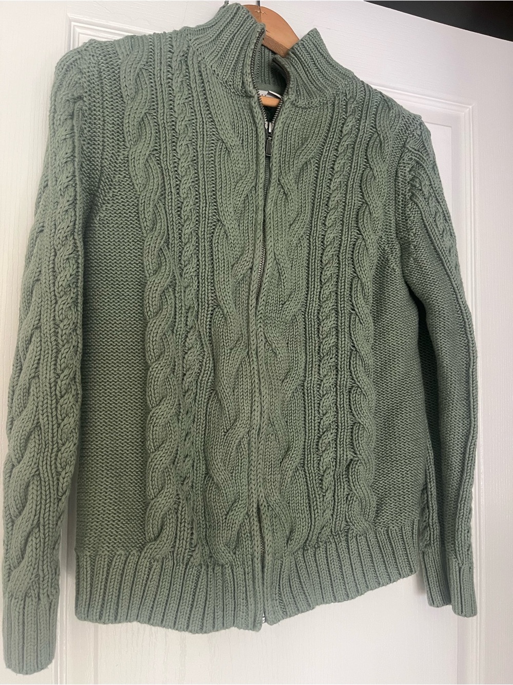 LL Bean green Cable-Knit Zip Sweater